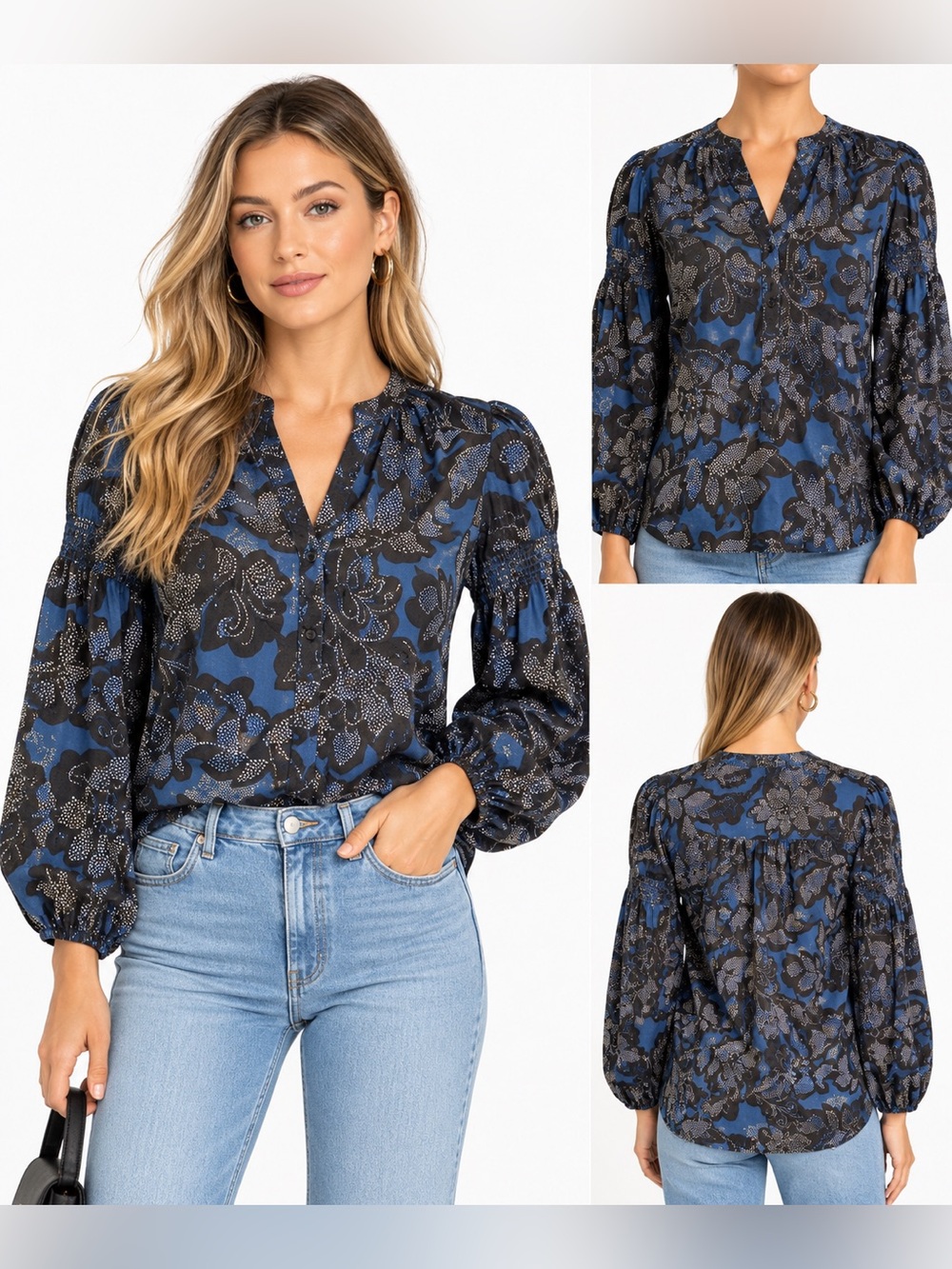 Sugarlips Blue Black Floral Cotton Balloon Sleeve Blouse Top S